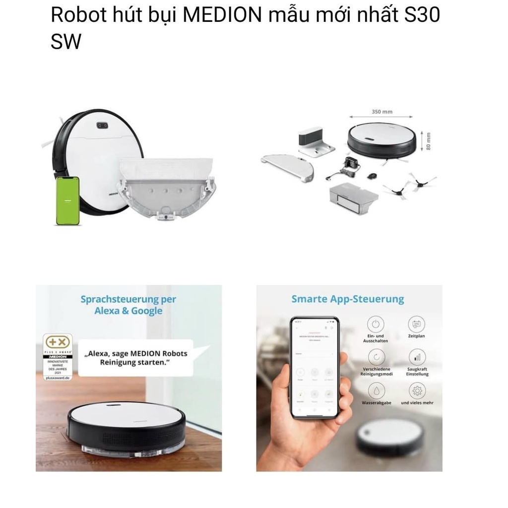 Robot hút bụi lau nhà Medion MD20021, thời lượng pin 140 phút, có điều khiển qua ứng dụng MD 20021