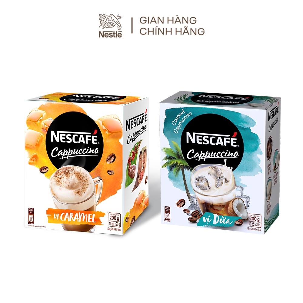 [Tặng 2 ly sứ pastel màu ngẫu nhiên]Combo 2 hộp cà phê hòa tan Nescafe Cappuccino: Vị dừa + Vị caramel(10 gói/hộpx20g)