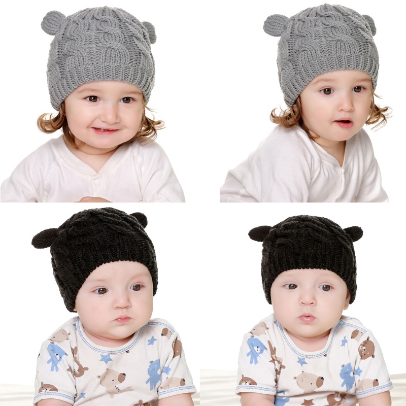 Set mũ beanie đội đầu trang trí hai bóng lông và găng tay vải cotton dệt kim ấm áp thời trang mùa đông dành cho bé