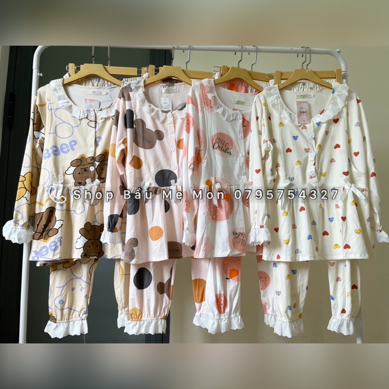 Shop Bầu Mẹ Mon - Đồ Bộ Bầu Đồ Bộ Mặc Nhà Sau Sinh Dài Tay Cho Con Bú Mẫu Bo Ống BabyDoll Thun Sữa Có Size Lớn