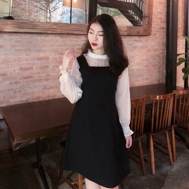 KÈM ẢNH THẬT Đầm Cổ Xếp Li Phối Voan KEM/ĐEN