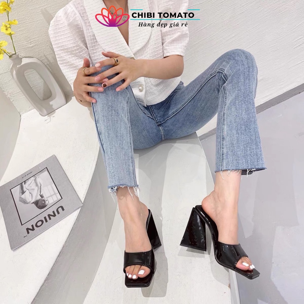 Dép guốc cao gót nữ, sandan nữ cao gót  đế tam giác quai ngang khuyết mũi vuông thời trang 7 đến 9 phân 4 màu trắng