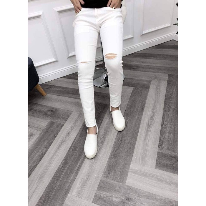 Quần jean nam ống ôm màu trắng rách gối chất bò co giãn bốn chiều thời trang cao cấp NEWSHOP702