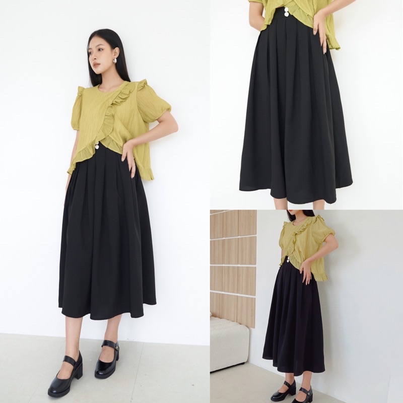 Chân Váy Midi Xếp Ly Hàng Thiết Kế Phong Cách Hàn Quốc Lên Dáng Cực Kỳ Vintage Phối Đồ Với Các Loại Áo Đều Cực Kỳ Xinh
