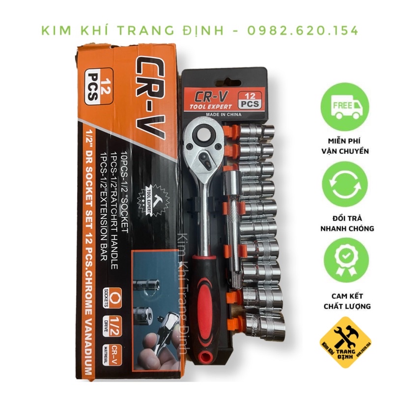 Bộ tuýp 12 chi tiết vặn VĨNH VIỄN không trờn thép CRV cao cấp - bộ khẩu sửa chữa xe máy