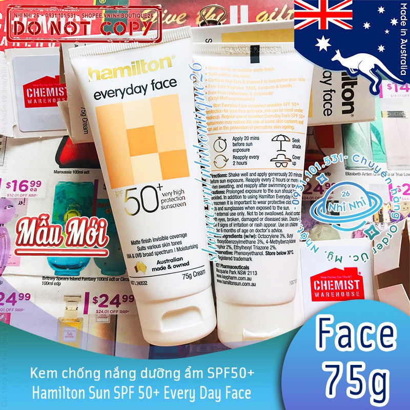 ☀️CÓ SẴN☀️ Kem chống nắng Hamilton Everyday Face Cream SPF50+ ☀️ 75g và 110g ☀️ MẪU MỚI ☀️ Chuẩn Chemist Warehouse