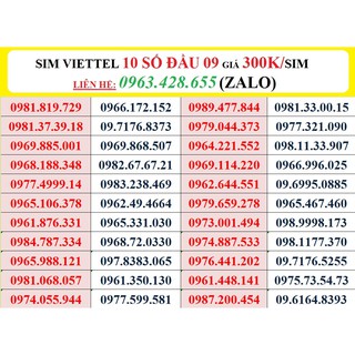 Sim Viettel 10 số đầu 09 DỄ NHỚ - CẶP- GÁNH giá 300.000