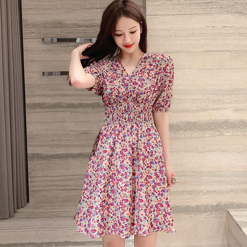 Đầm Tay Ngắn Cổ Chữ V Họa Tiết Hoa Đáng Yêu Phong Cách Hàn Quốc Hợp Thời Trang