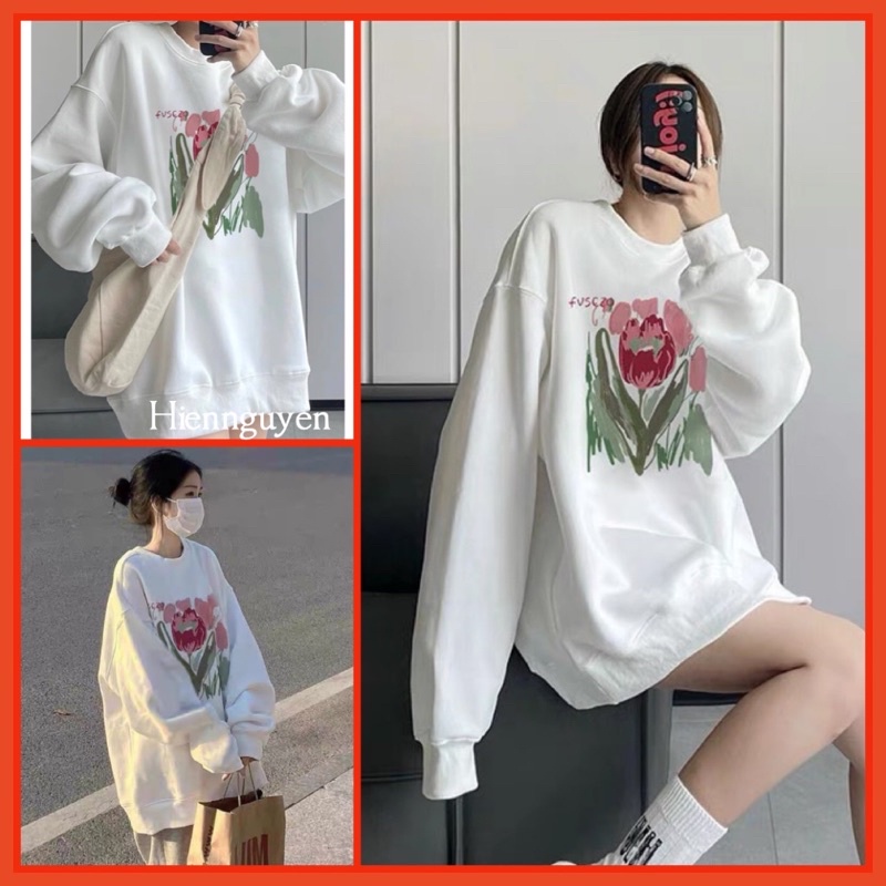 Áo Sweater FVSEZO In Hoa Nữ [FREESHIP] Nỉ form rộng tay bồng oversize màu trắng kiểu dáng cute hàn quốc đẹp