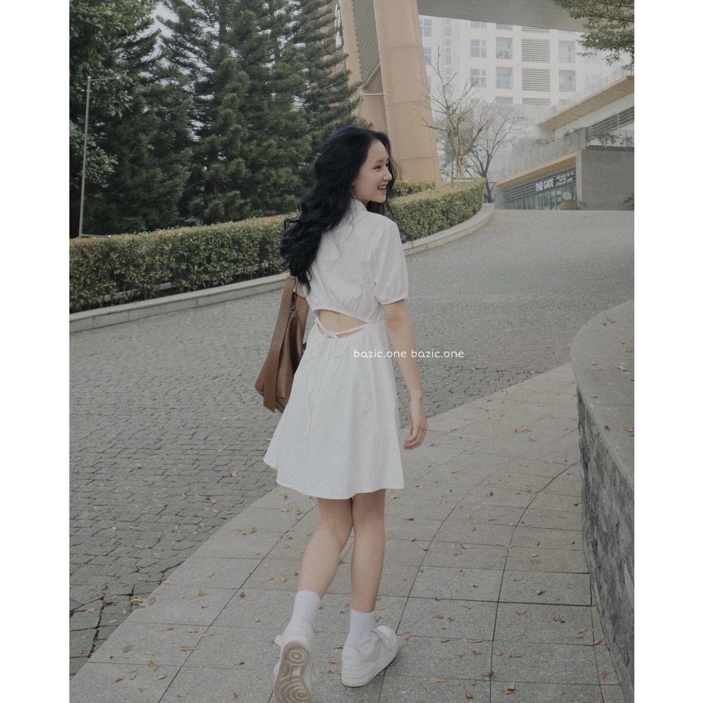 [Ảnh thật/Video] Váy sơ mi đũi trắng hở lưng thắt nơ eo 29feb.closet V6 | BigBuy360 - bigbuy360.vn