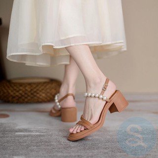 ✌Fashion temperament lady wild fairy pearl sexy thin thick high-heeled sandals female summer 2021