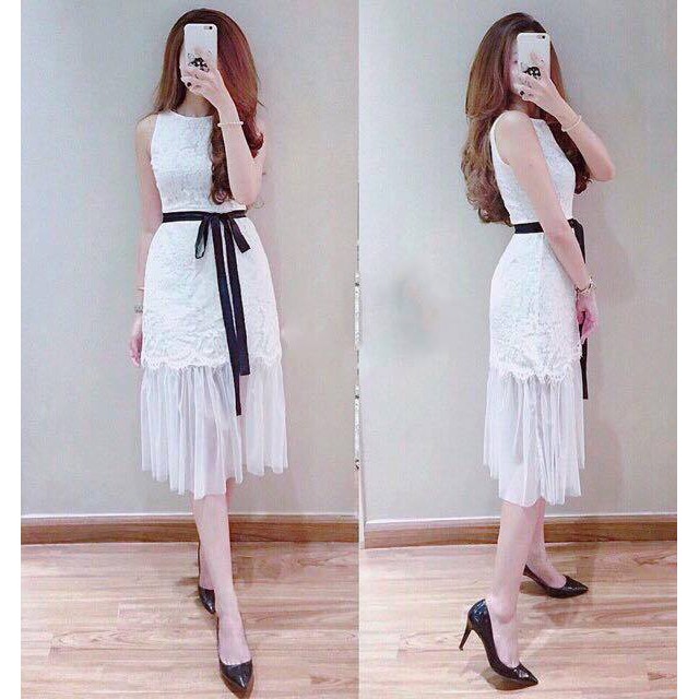 Đầm dự tiệc đầm ren trắng đuôi cá thắt nơ eo | BigBuy360 - bigbuy360.vn