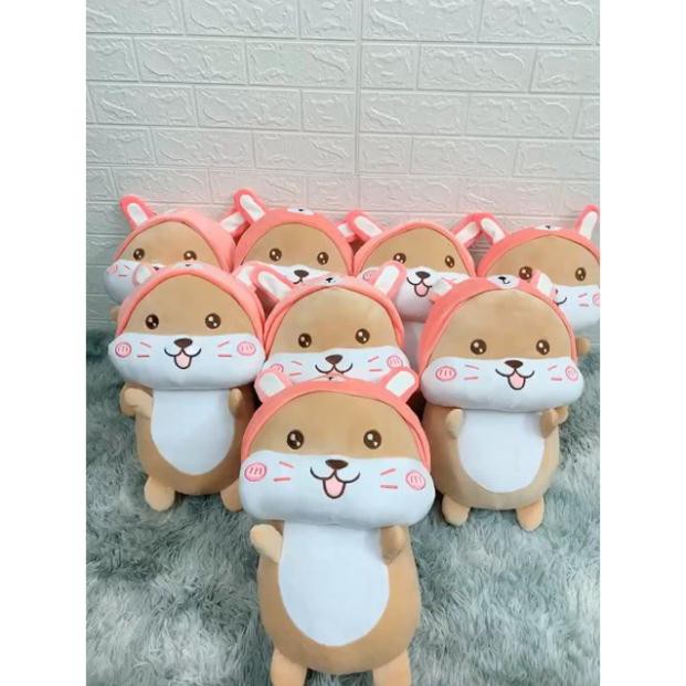 Gấu bông gối ôm chuột hamster mũ hồng vải co dãn 4 chiều Hàn Quốc VNXK