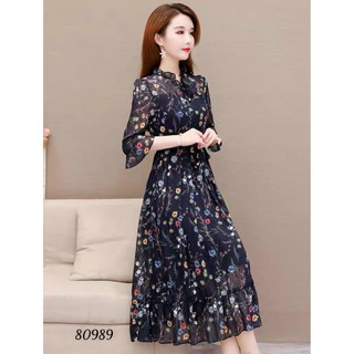 ĐẦM LỤA HOA 2 LỚP DÂY THẮT EO
