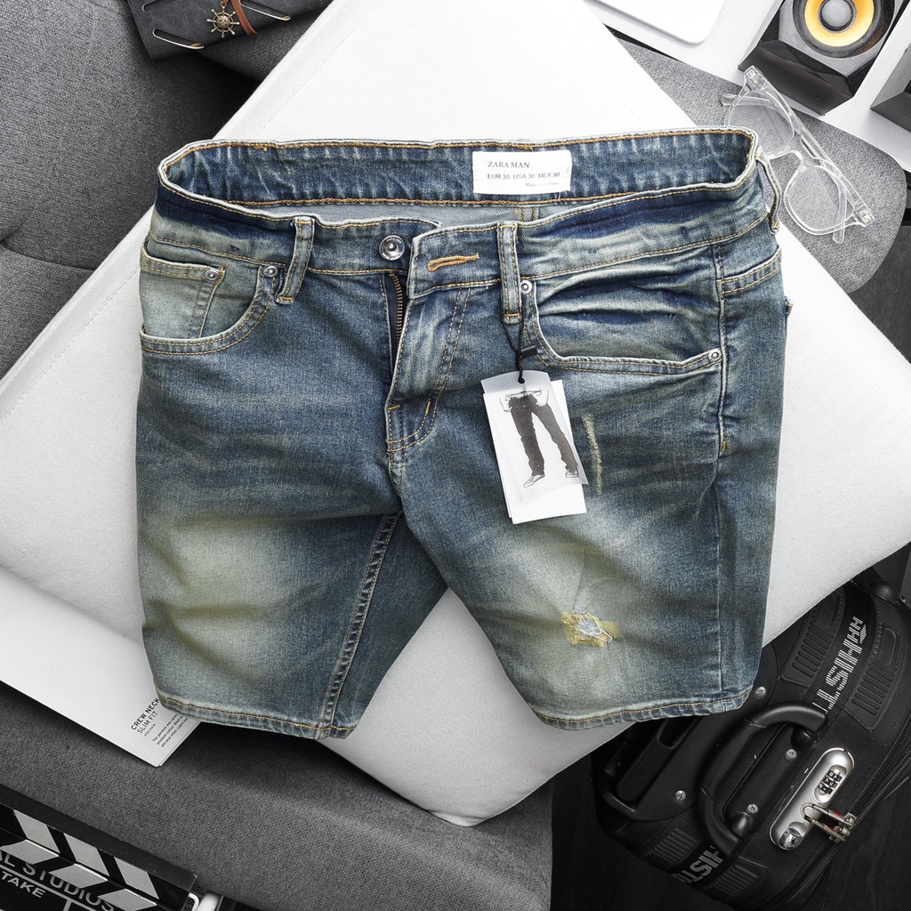 Quần Short Jean Nam VNXK cao cấp màu rêu vàng bụi bò co giãn