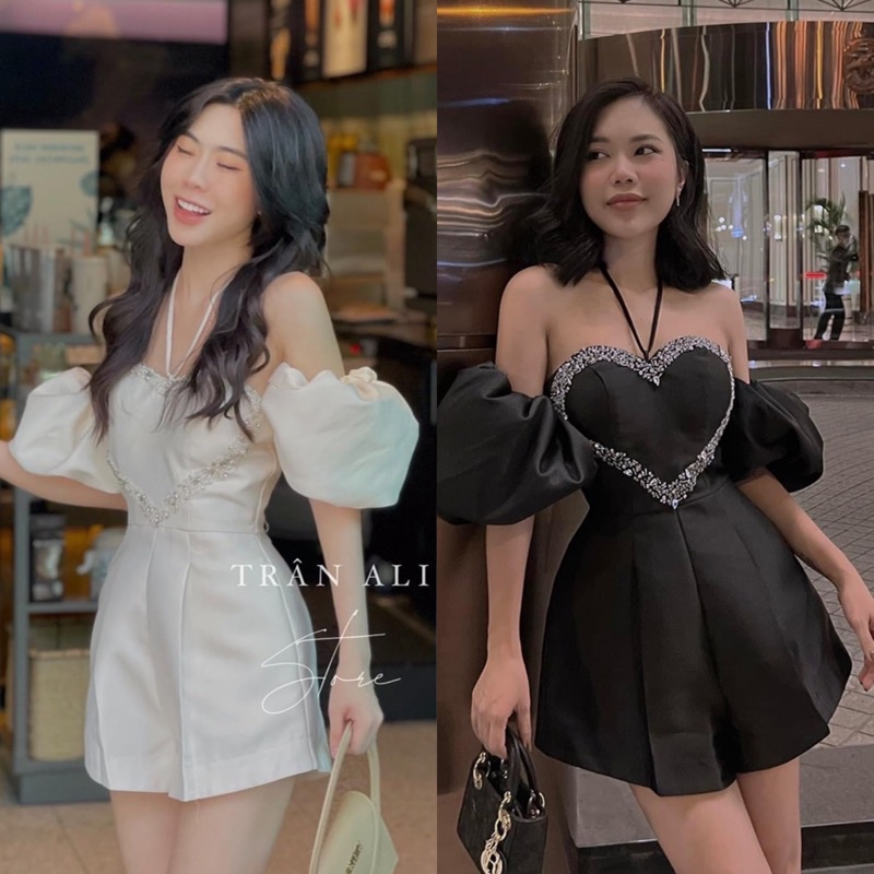JUMPSUIT TRẮNG RỚT VAI CỔ YẾM KẾT CƯỜM TRÁI TIM (về thêm đen)