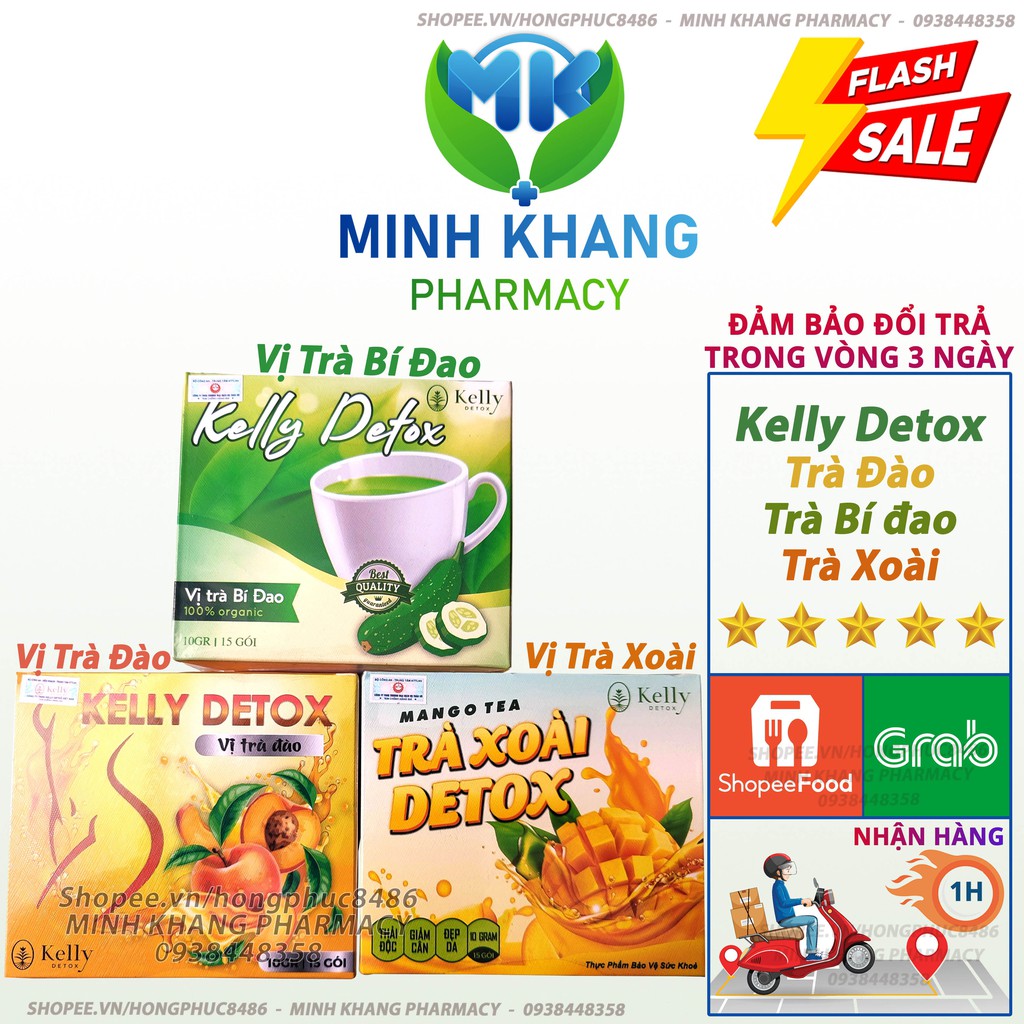 Trà Đào Kelly Detox ⚡CHÍNH HÃNG⚡ giảm cân, giảm béo, Gồm Trà Bí Đao, Trà Xoài, Trà Bí Đao, Hộp 15 gói