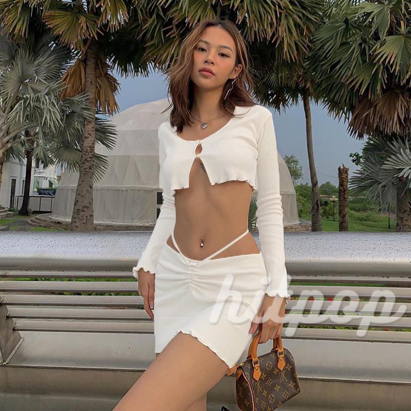 Set áo croptop tay dài + chân váy ngắn màu trơn quyến rũ cho nữ