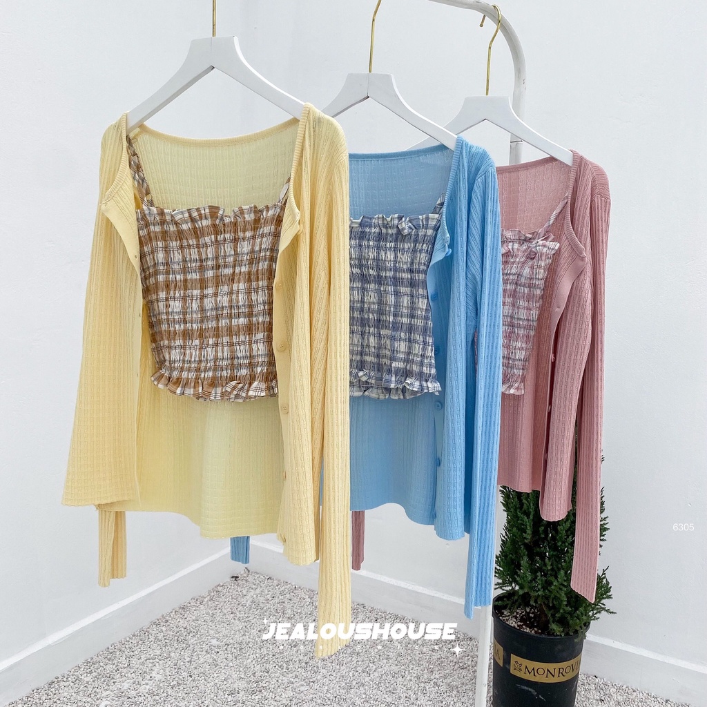 Áo len nữ, set áo hai dây kẻ kèm áo khoác cardigan - 6305