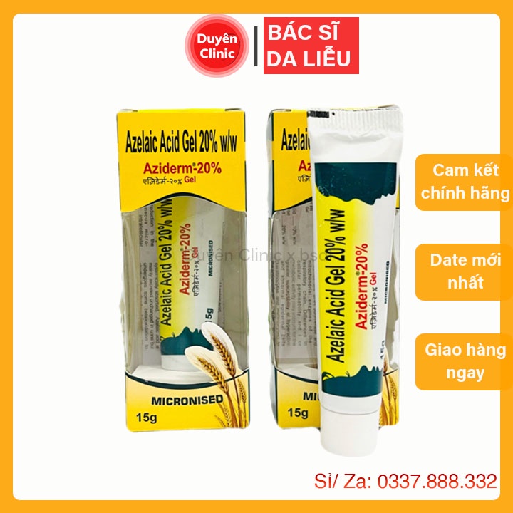 Aziderm Gel (15G) - 20% Azelaic Acid, Mờ Thâm Mụn, Hết Thâm Đỏ, Giảm Mụn (Ezanic, Skinoren, Azclear)