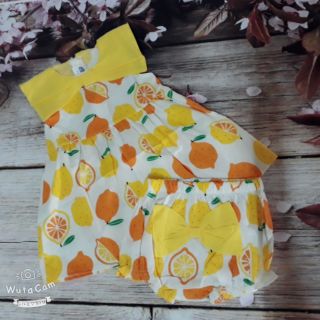 Combo Set váy họa tiết trái cây + chip cho bé gái