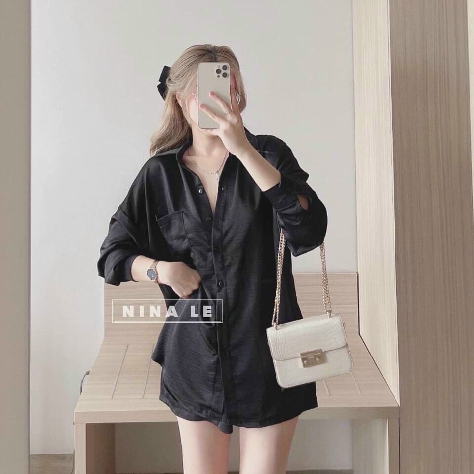 Sét bộ áo sơ mi tay dài phối quần đùi chất liệu tuyết nhung phù hợp cho mọi phong cách