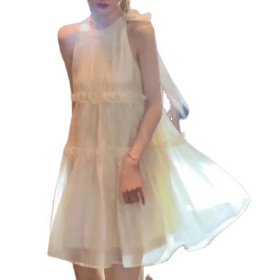 Đấm nữ cổ yếm dáng chữ A, đầm nữ dáng xòe ngang gối chất tơ hàng Quảng Châu