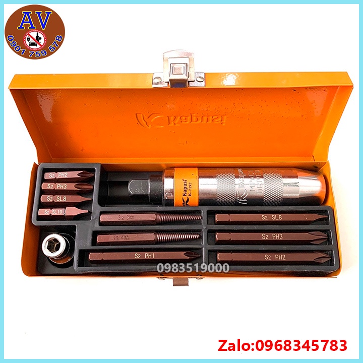 Bộ tô vít đóng đảo chiều cao cấp Kapusi JAPAN 12 chi tiết thép S2 siêu cứng, có mũi vít nhổ ốc gãy, vặn ốc vít hư toét