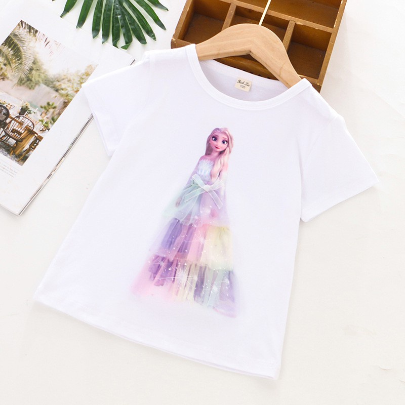 SUGE Áo Sơ Mi Cotton Tay Ngắn In Hình Công Chúa Elsa 3D Thời Trang Cho Bé Gái Từ 1-8 Tuổi