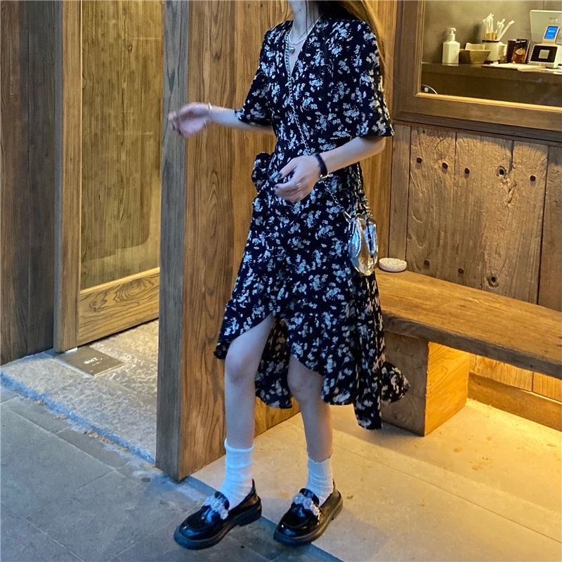 Đầm Tay Ngắn Eo Cao In Họa Tiết Hoa Phong Cách Hàn Quốc Thời Trang Mùa Hè