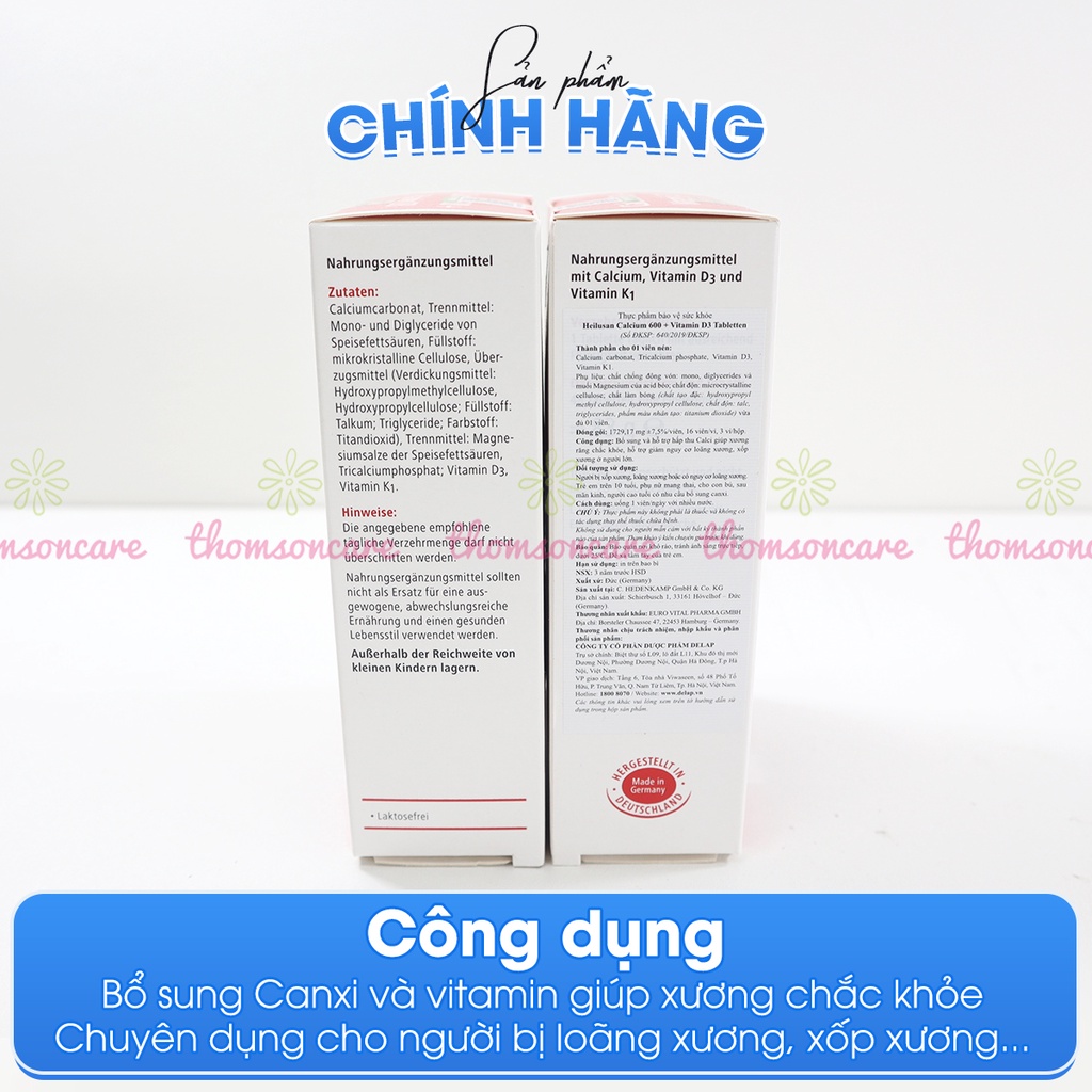 Heilusan Calcium 600 Vitamin D3 - Hỗ trợ hấp thu Canxi giúp xương răng chắc khỏe - Nhập khẩu từ Đức (Hộp 48 Viên)