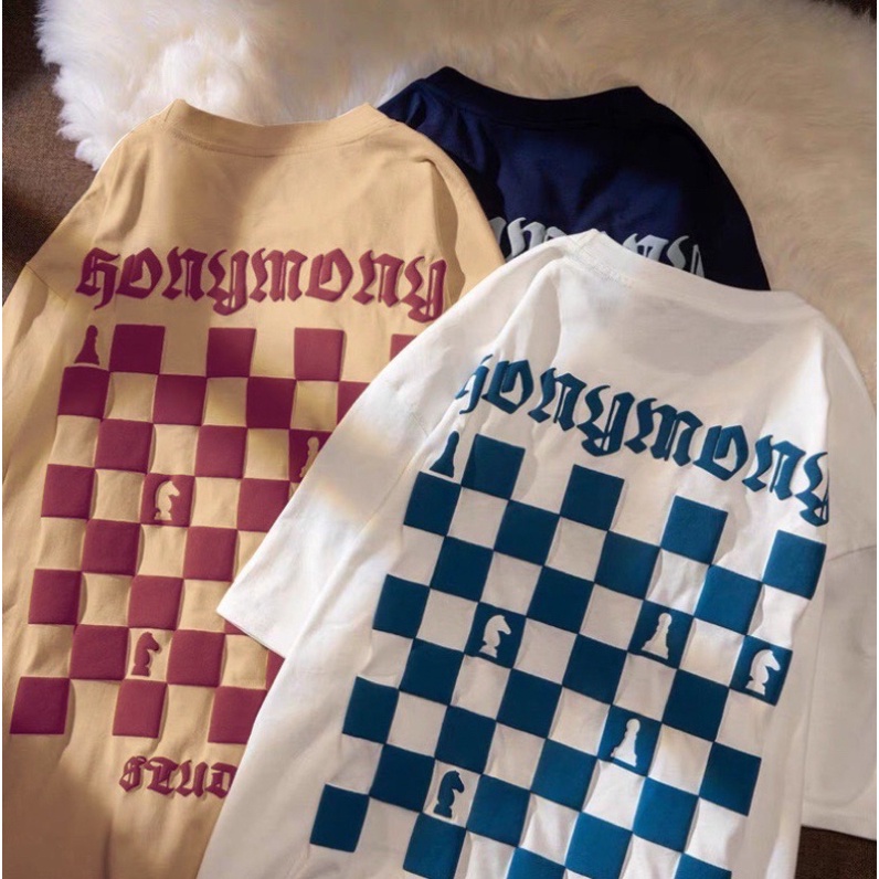 Áo phông nam nữ form rộng 2N Unisex thun cotton in Bàn cờ trắng/xanh/be