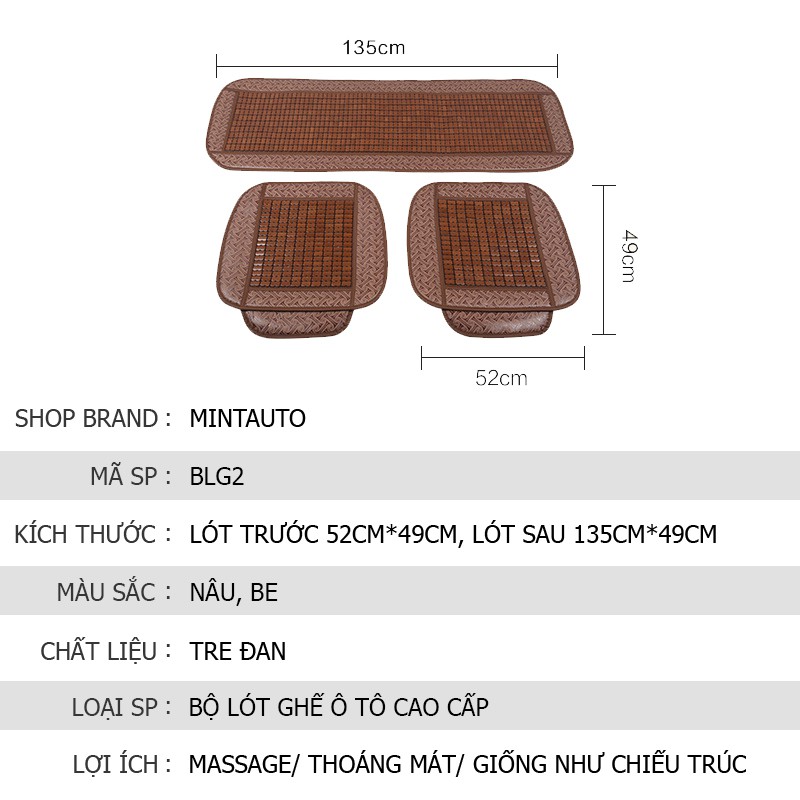 Lót ghế ô tô, xe hơi, bằng tre cao cấp thoáng mát chống nóng phù hợp với xe từ 4-5 chỗ