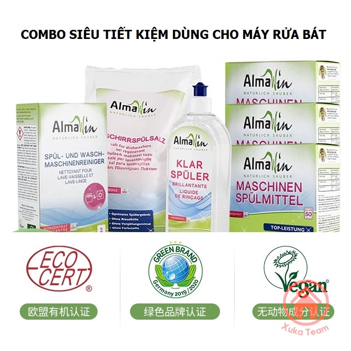 Combo Nước làm bóng hữu cơ Almawin, muối hữu cơ Almawin cho máy rửa bát rửa chén