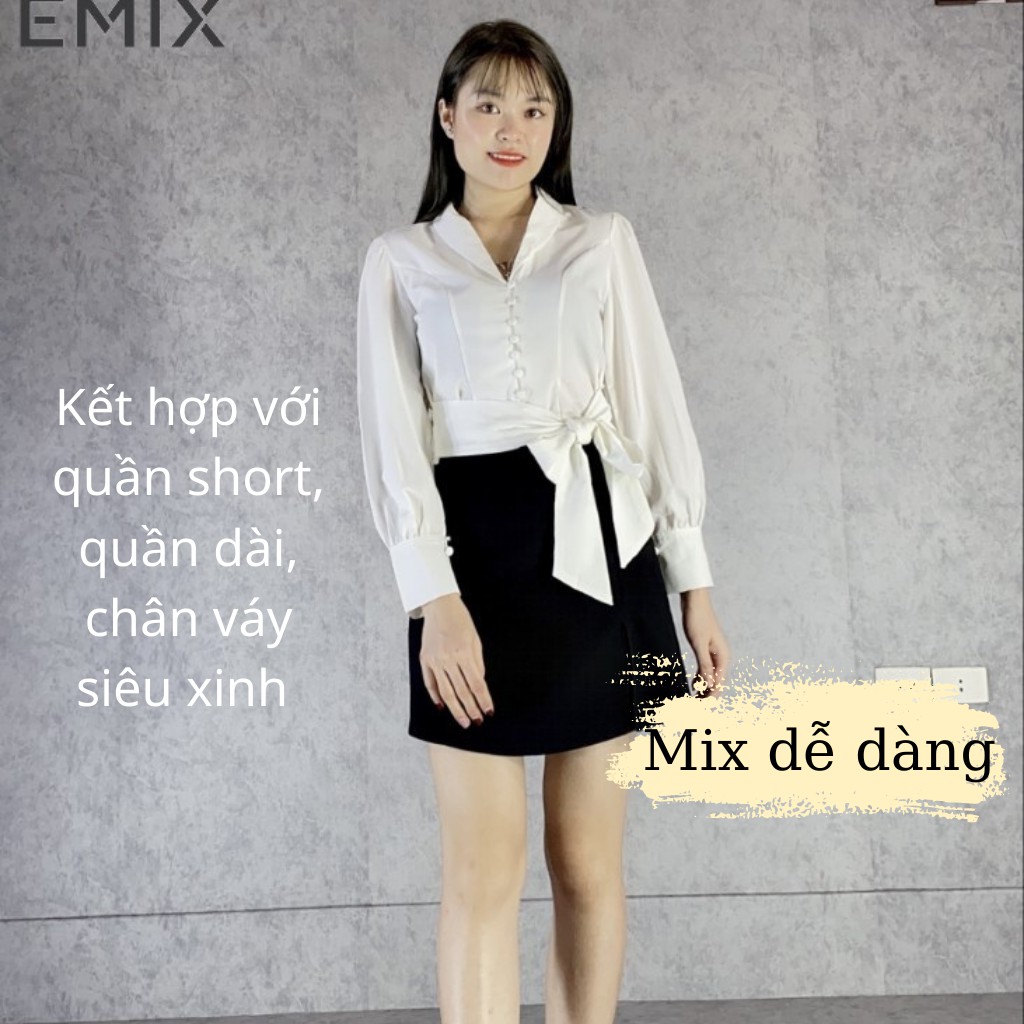 Áo croptop cúc bọc buộc nơ EMIX (màu trắng), dáng ngắn, cổ vest, dài tay, chất lụa mềm mại, không nhăn | WebRaoVat - webraovat.net.vn