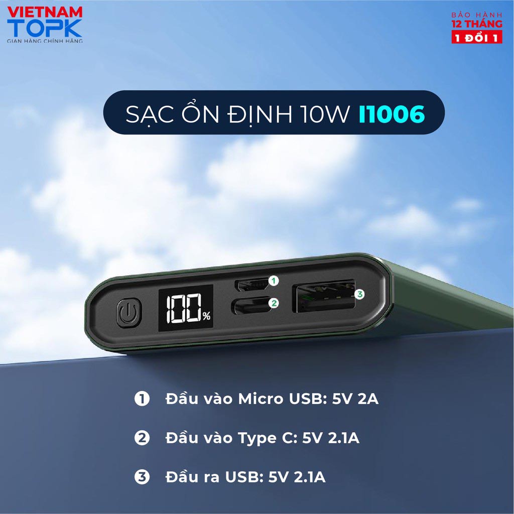 Sạc dự phòng 10000mAh TOPK I1006 - Đầu ra USB sạc ổn định - Màn hình LED - Hàng chính hãng Bảo hành 12 tháng 1 đổi 1