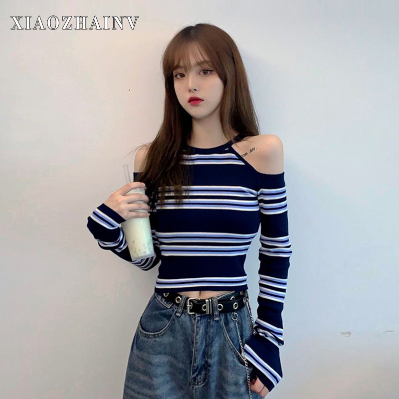 Áo Croptop Xiaozhainv Tay Dài Hoạ Tiết Kẻ Sọc Phong Cách Hàn Quốc
