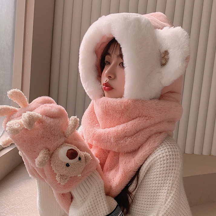 Mới Nhất Set Nón Khăn Choàng Găng Tay Giữ Ấm Mùa Đông Hình Gấu Bông Dễ Thương Dành Cho Bạn Nữ