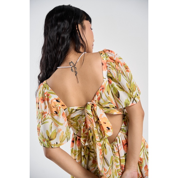 Đầm Maybi babydoll lụa in hoạ tiết phối nơ lưng tay cánh tiên