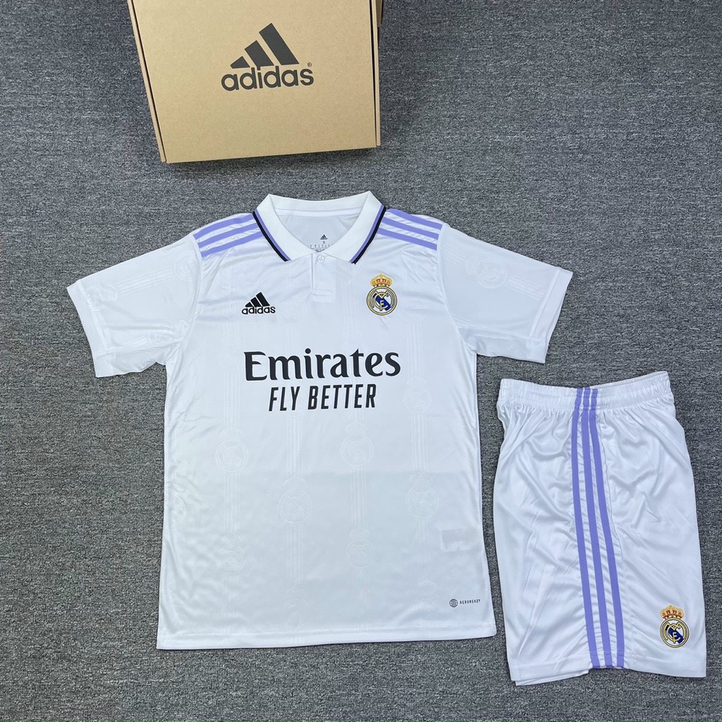 Set quần áo bóng đá Real Madrid sân nhà 2022/23 - Vải Climacool màu trắng form Âu - In ấn tên số theo yêu cầu