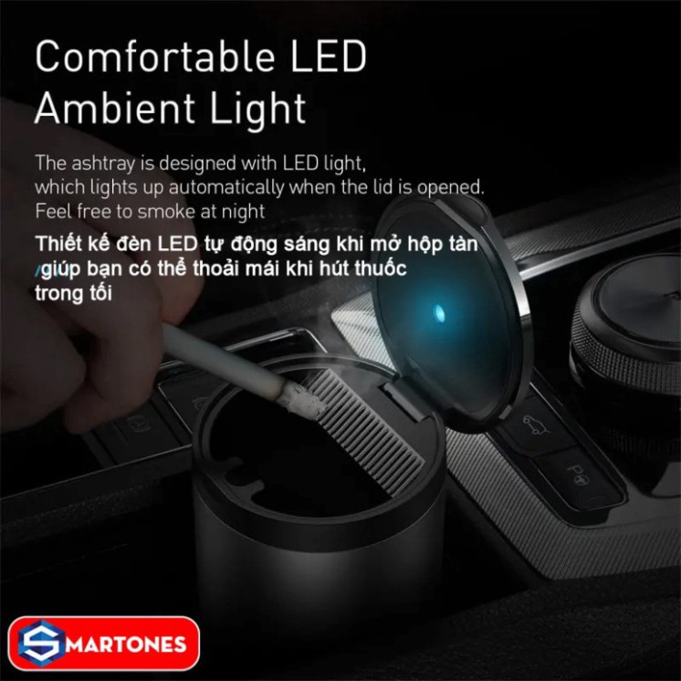 Hộp đựng tàn thuốc lá trên ô tô Baseus Portable Car Ashtray LED Light,thiết kế sang trọng, đèn LED thông minh