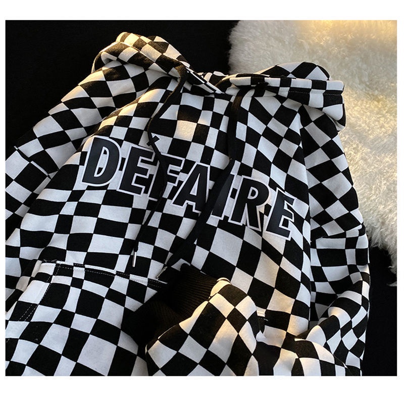 Áo khoác hoodie dáng rộng họa tiết sọc caro phong cách hip hop cá tính