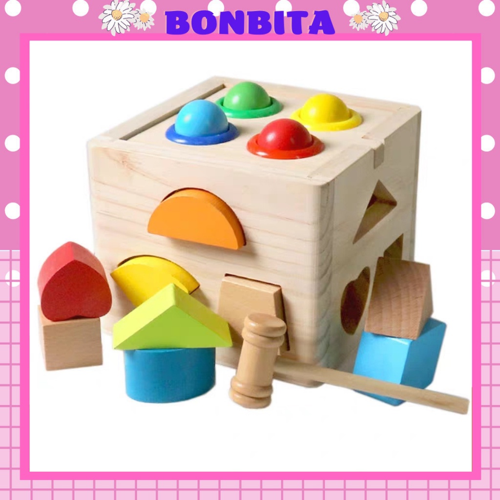 Đồ Chơi Gỗ Montessori Hộp Thả Hình Đập Bóng Hình Khối & Màu Sắc Cho Bé
