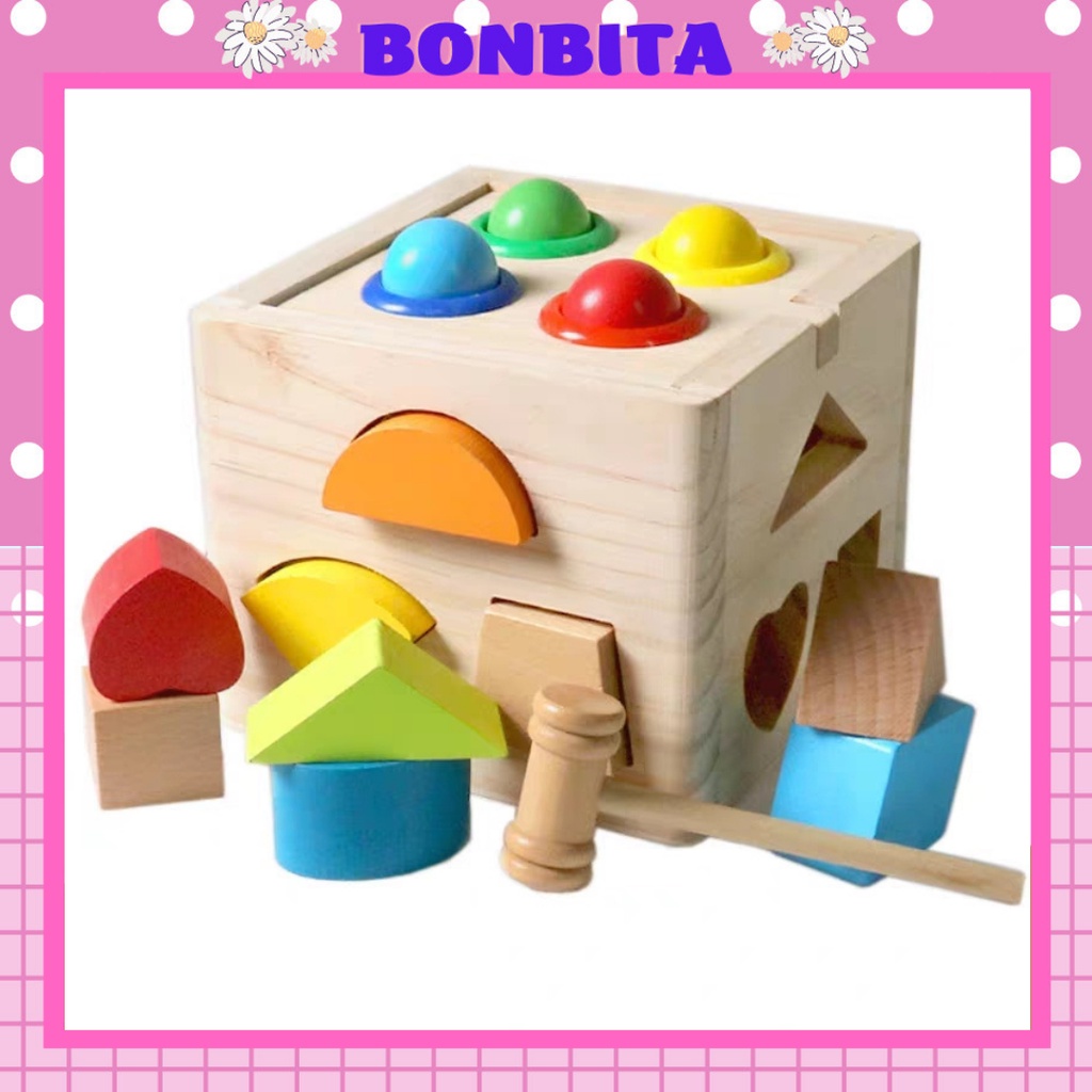 Đồ Chơi Gỗ Montessori Hộp Thả Hình Đập Bóng Hình Khối &amp; Màu Sắc Cho Bé