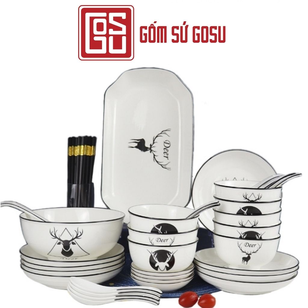 Bộ Bát Đĩa Gosu Vẽ Tay Thủ Công Họa Tiết Hươu Sang Trọng Men Sáng Đẹp An Toàn