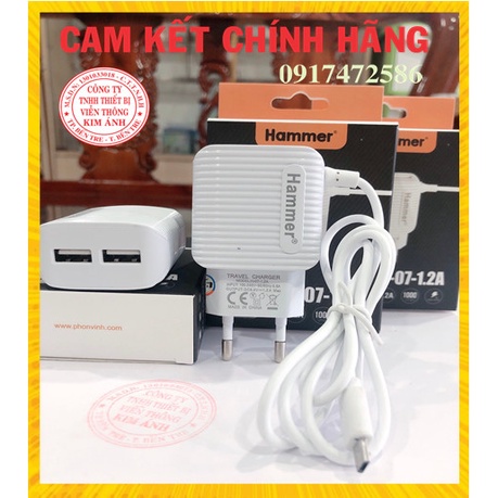 Sạc liền dây Hammer Chính Hãng, dòng điên 1.2A, Có 2 CỔNG USB, Chính Hãng, bảo hành 12 tháng