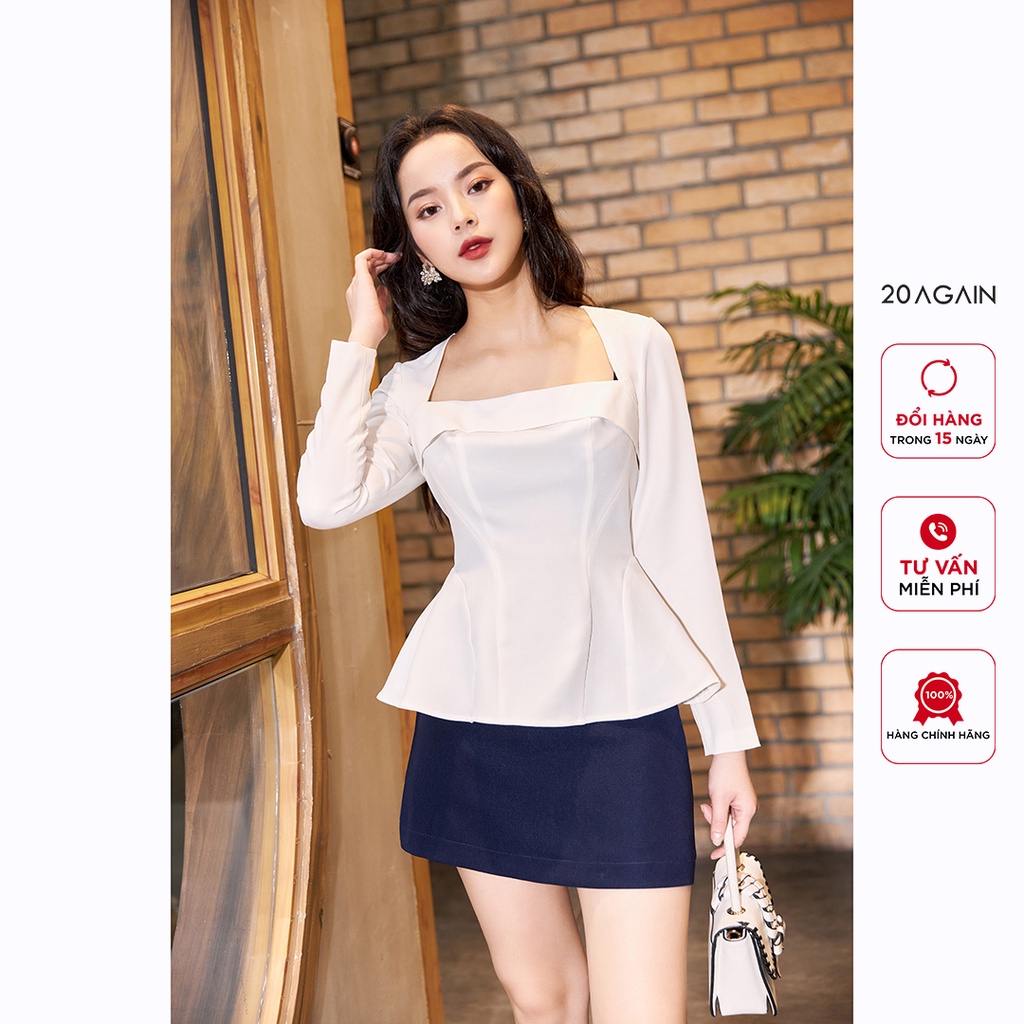 Áo sơ mi nữ dài tay cổ vuông 20AGAIN, kiểu dáng peplum thanh lịch, tôn dáng ASA1776