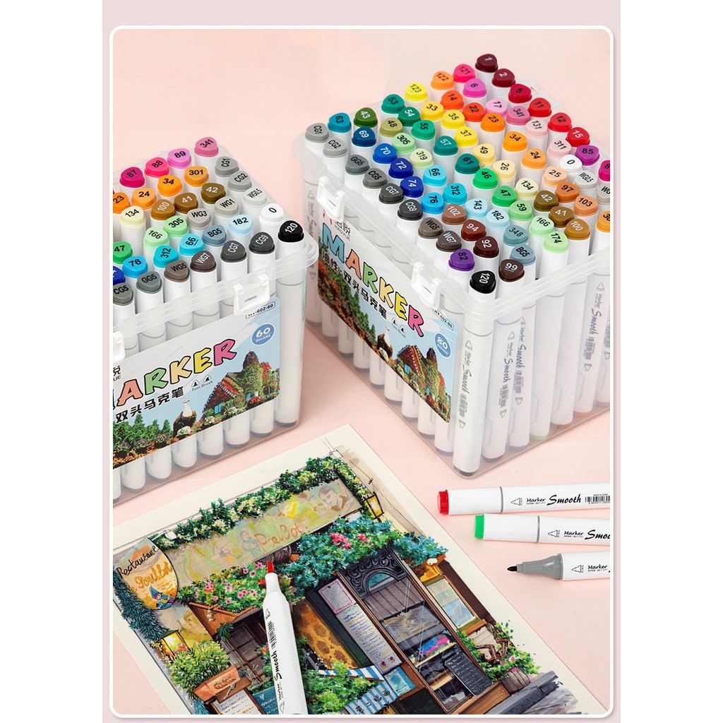 [Siêu Sale] Hộp bút màu 2 đầu Marker, 12/24/36/48/60 màu vỏ hộp nhựa - Loại tốt, đẹp