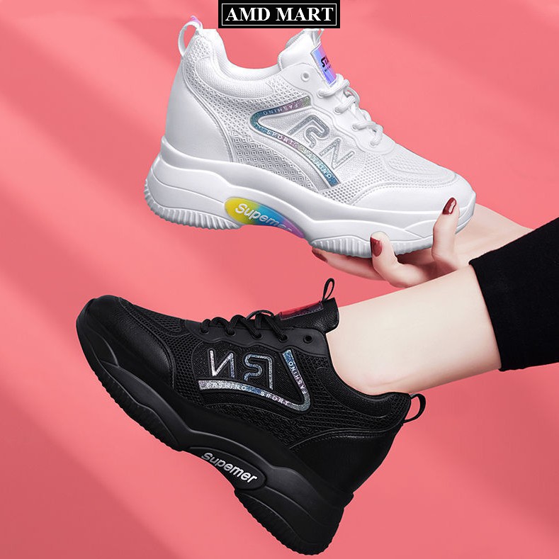 Giày Sneaker Nữ , Giày Thể Thao Nữ Tăng Chiều Cao 5 cm FD7 Thiết Kế Phong Cách Hàn Quốc Hai Màu Đen Trắng Nổi Bật