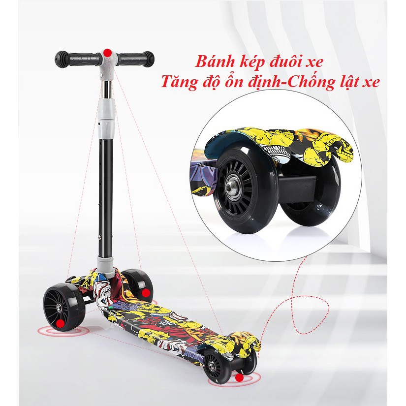 Xe Trượt  Scooter Cho Bé Bánh Có Đèn, 4 Bánh Tăng Diện Tích Tiếp Xúc An Toàn Cho Bé